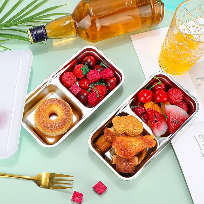 Teenyyou 6 Pcs Stainless Steel Snack Containers 30 oz 2-compartment Meal Prep Containers Reusable Metal Divided Bento Box with Silicone Lids Leakproof Lunch Box Dishwasher Safe (White)
