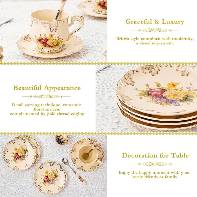 YOLIFE Tea Saucers Set of 4, 5.8 inch – Ivory Vintage Floral Porcelain Tea Plates for Cups with Gold Leaves Trim, Ideal for Tea Parties