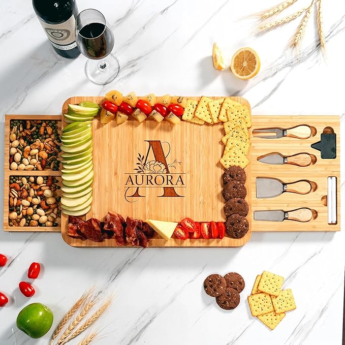 Personalized Monogram Charcuterie Board, Bamboo Cheese Board with Initial - Birth Flower Charcuterie Boards Gift Set, House Warming Gifts for New Home, Hostess Gifts 2026