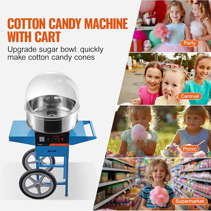 VEVOR Electric Cotton Candy Machine Cart with Cover, 1000W Commercial Floss Maker w/Stainless Steel Bowl, Sugar Scoop and Drawer, Perfect for Home, Carnival, Kids Birthday, Family Party, Blue