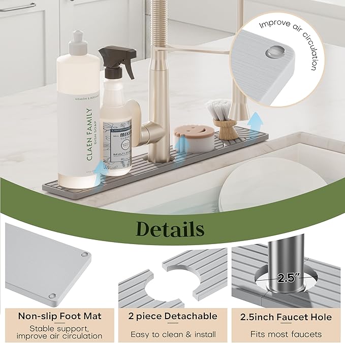 Faucet Mat for Kitchen Sink, 23.6" Diatomite Drying Stone Mat Protector, Sink Faucet Mat Splash Guard, Absorbing Stone Tray for Kitchen Bathroom Counter