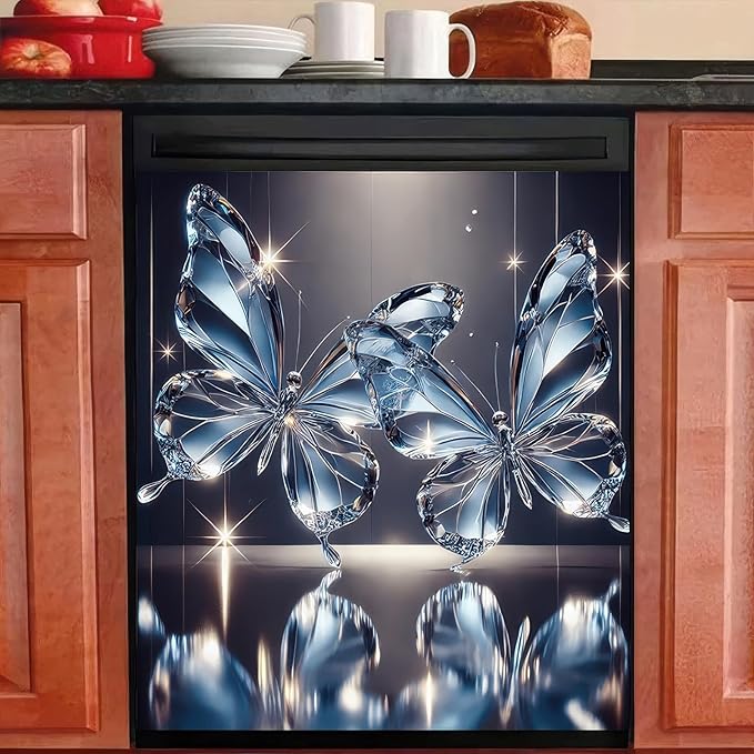 BlissYard Butterfly Dishwasher Magnet Cover 23x26 Inch Crystal Butterfly Kitchen Decor Dishwasher Magnet Cover Refrigerator Magnet Sticker Appliance Cover Protector Decorative Panel Kitchen Appliances