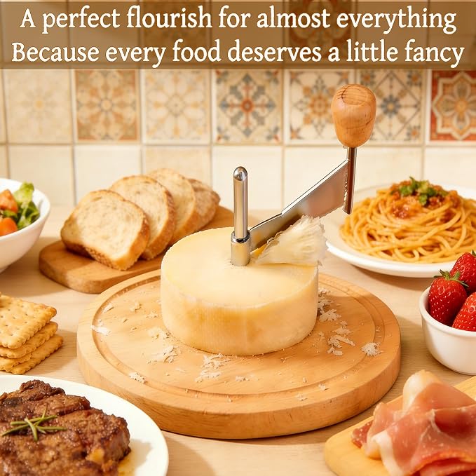 Cheese Curler Wheel, Professional Cheese Slicer Cheese Cutter, Rotary Cheese Grater for i.a. Tête de Moine & Chocolate, Stainless Steel Girolle Cheese Shaver with Sharp Blade & Solid Wood Base
