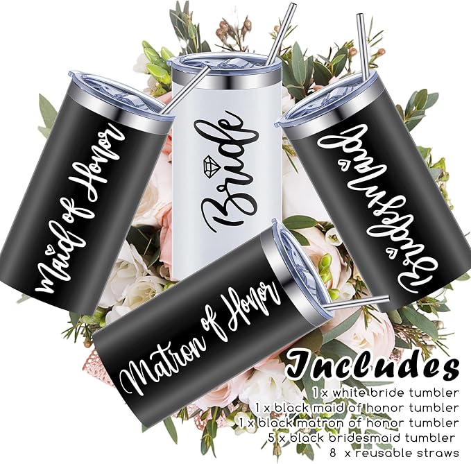 Sabary Bride Gifts Bridesmaid Tumblers Set of 8, 20 oz Insulated Bride Stainless Steel Wine Tumbler Bulk Maid of Honor Mugs with Lid and Straw for Wedding Engagement Party Gifts (White, Black)