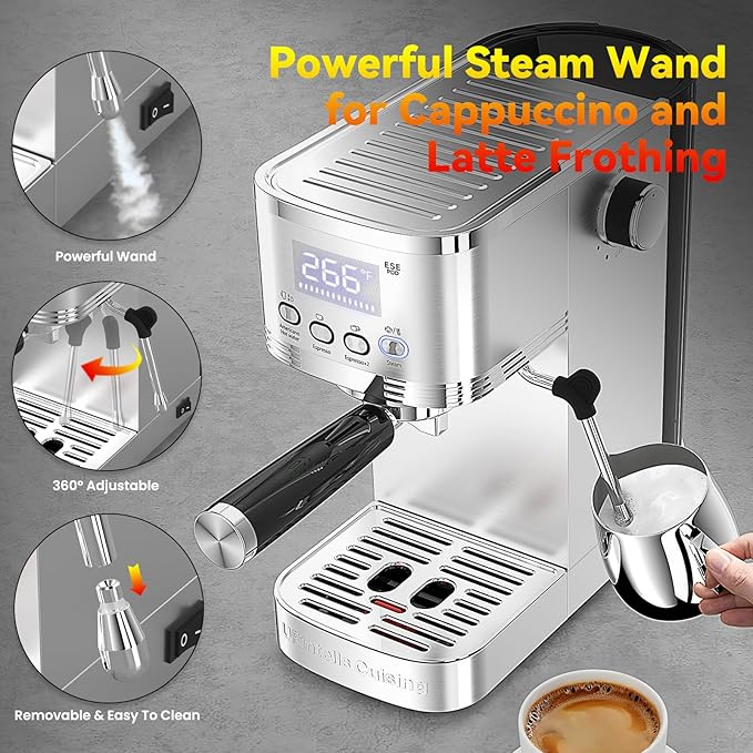 Espresso Machine 20 Bar, Stainless Steel Espresso Maker with Steam Milk Frother,Expresso Machine for Home Temperature Control and LED Display, Coffee Machine for Cappuccino, Latte, Americano