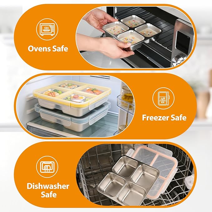 4 Pack Stainless Steel Snack Containers with Lids, 4-Compartment Leakproof Bento Snack Boxes, Reusable Dishwasher Safe Food Storage Containers for Adults, Office, Travel & Meal Prep (4pack-a)