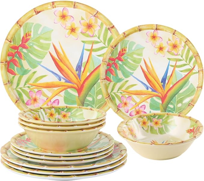 UPware 12 Piece Bird of Paradise Melamine Dinnerware Sets, Outdoor Dishes Set, Plates and Bowls Sets, Service for 4, Multicolor