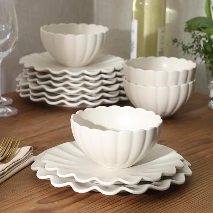Gibson Elite Bistro Fleur Plates and Bowls Sets, 12-Piece Stoneware Dinnerware Set for 4, Ivory White Scalloped Dish Set with Dinner Plates, Salad Plates & Bowls