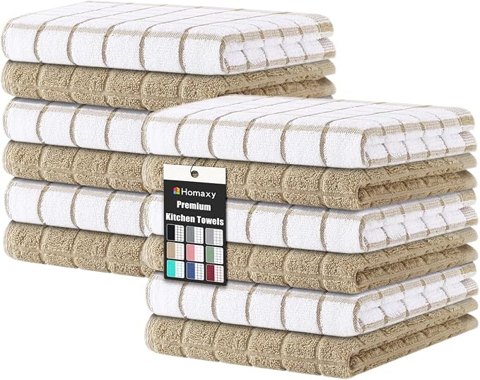 Homaxy Premium Cotton Kitchen Dish Cloths 12"x 12", Natural Ring Spun 390 GSM Dish Rags, Super Absorbent Terry Dish Towels, Soft Dishcloths with Hanging Loop, Tan Check Design, 12 Pack