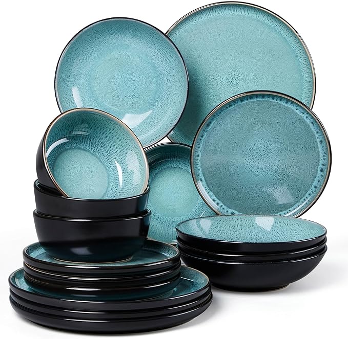 LIANYU Stoneware Dinnerware Sets with Pasta Bowls, 16 Piece Plates and Bowls Dishes Set for 4, Dishwasher Safe Dining Ware Dishware for Home Kitchen, Microwave Safe, Pastel Turquoise