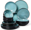 LIANYU Stoneware Dinnerware Sets with Pasta Bowls, 16 Piece Plates and Bowls Dishes Set for 4, Dishwasher Safe Dining Ware Dishware for Home Kitchen, Microwave Safe, Pastel Turquoise