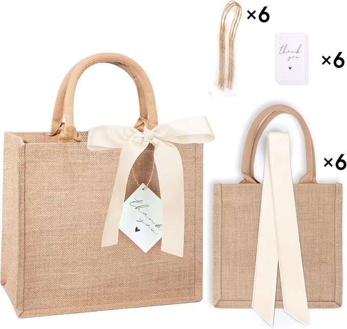 6 Pack Burlap Tote Bags with Handles Reusable Medium Jute Gift Bags with Light Beige Silk Ribbons Waterproof Lining for Wedding Bridesmaid Mother's Day Bachelorette Beach Party