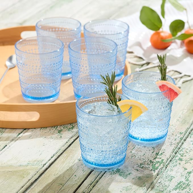 Santa Fe Blue Set of 6 Premium Acrylic DOF Glasses 16 oz – Unbreakable Drinkware with Textured Bubble Design, Dishwasher Safe Tumblers for Indoor & Outdoor Use