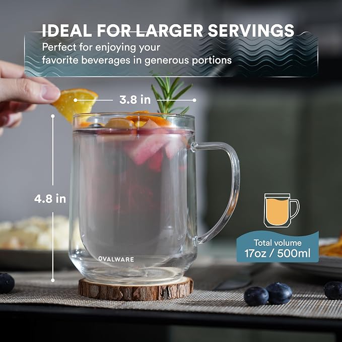 ovalware 500ml Double Wall Glass Coffee Mugs, Single Lip Mugs Made of Durable Borosilicate Glass, Insulated Coffee Mug with Handle for Hot and Cold Drinks - Frost White