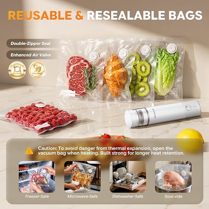 Compact Vacuum Sealer for Food (Vacuum Sealer Machine + 45 Reusable Vacuum Bags) Powerful Portable Vacuum Sealer with Detachable Visible Reservoir, Handheld Food Vacuum Sealer for Travel & Kitchen