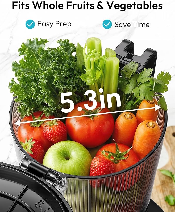 Cold Press Juicer, EUHOMY 5.3" Wide Feed Chute Juice Extractor Machine with 400W, High Juice Yield, Slow Masticating Juicer for Whole Vegetables & Fruits