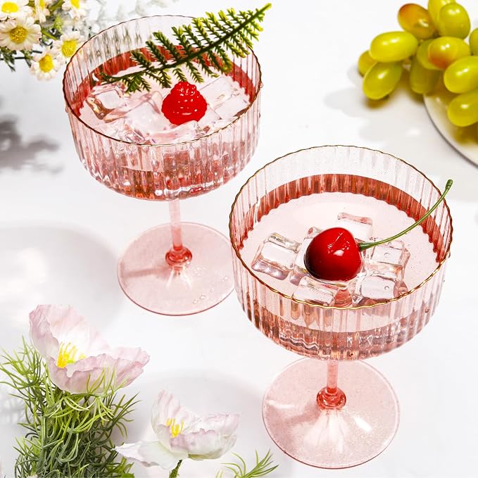 Jingmore 12 Pcs Ribbed Martini Glasses 10 oz Disposable Plastic Vintage Ribbed Coupe Glasses with Gold Rim Glitter Cocktail Unbreakable Dessert Parfait Glassware for Wedding Party Supplies (Pink)