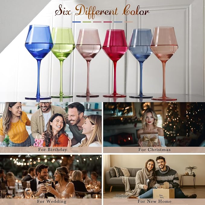 Colored Wine Glasses Set 6 – 16oz Hand-Blown Stemmed Colorful Wine Glass, Muted Color Golbet Set,Unique Wine Gifts for Women, Birthday,Housewarming