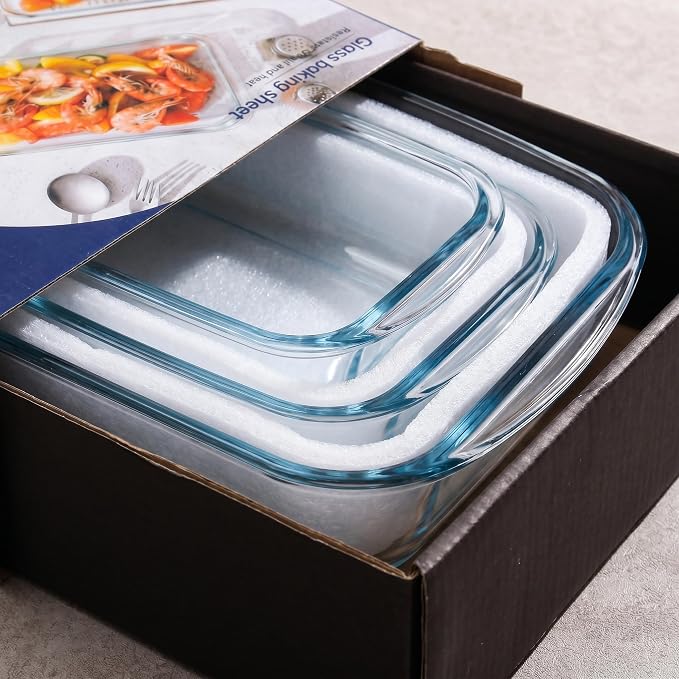 High Borosilicate Glass Baking Dishes for Oven, (2.3QT, 1.6QT, 1.0QT, 3 Pack) Rectangular Bakeware Sets, Deep Glass Casserole Dishes with Handle for Microwave, Baking, Meal Preparation