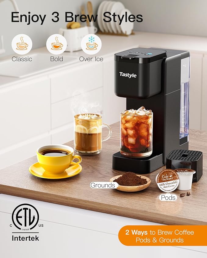 Tastyle Single Serve Hot & Iced Coffee Maker with Strong Brew, 40oz Removable Reservoir, 6 Brew Sizes, Compatible with K Cup and Grounds, Compact for Home, Office, RV and Dorm, Black (2.0 Version)