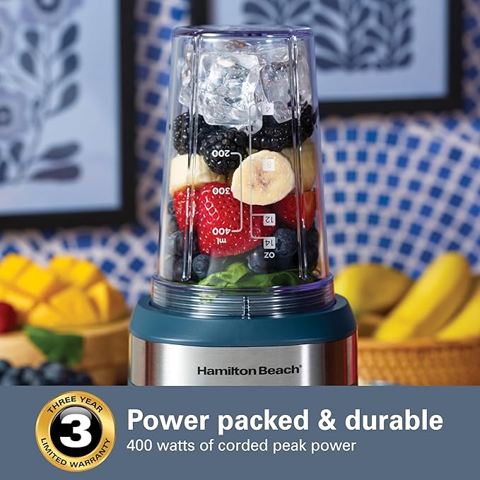 Hamilton Beach Personal Blender for Smoothies With 2 BPA-Free 14 oz. Travel Blender Jars and Lids, Powerful 400 Watt Motor, Stainless Steel Blades, Kitchen Makeover Blue (51202J)