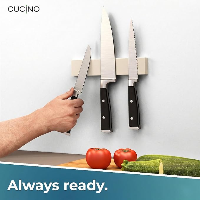 CUCINO Magnetic Knife Holder for wall, 10" no drilling required, includes self-adhesive tape, extra strong for holding knives – Awarded magnet strip – Beige Rubber
