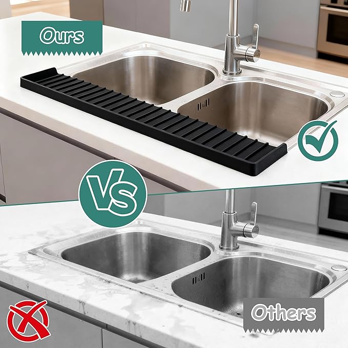 Silicone Sink Edge Protector Splash Guard,Sink Granite Edge Protector,20x4 Inch with Suction Cups & 5°Tilt, Cuttable for Kitchen Bathroom Countertops, Granite Quartz Surfaces (Black)