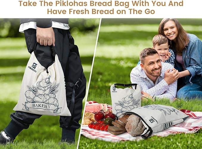 Piklohas Detachable Sourdough Bread Bags, 2 Sets Bread Storage for Homemade Sourdough, Reusable Linen Food Storage with Lining & Triple Lock for Fresh Keeping, BPA Free, Ideal for Baking Gifts