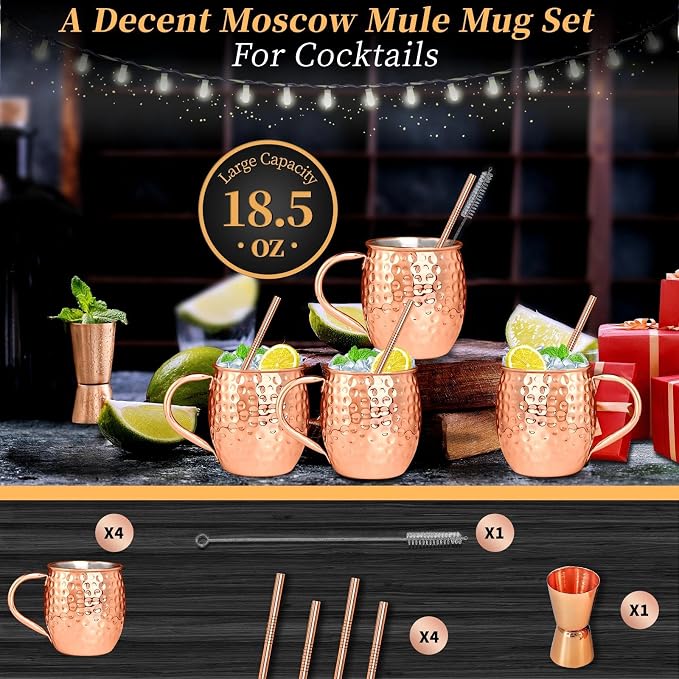 Moscow Mule Copper Plated Mugs Moscow Mule Cups Kit 19oz Set of 4 with Handle Large Hammered Stainless Steel Cups with 0.5oz Double Jigger, Stainless Steel Straws for Cold Drinks Cocktails Wine