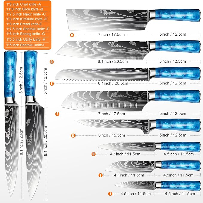 3-Piece Premium Japanese Kitchen Knife Set - Star Collection, Laser Damascus Pattern, 440A Stainless Steel Ultra Sharp for Fast Cutting (Blue 3J)