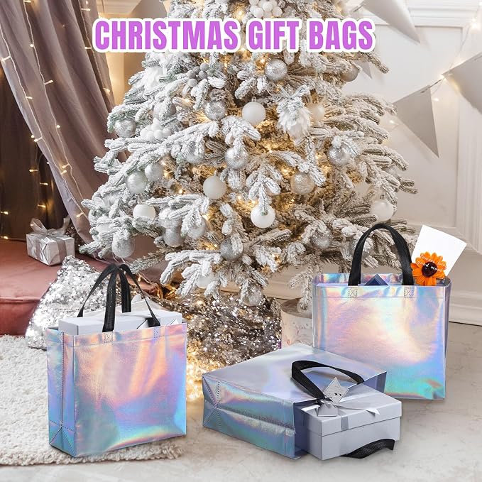 Eccliy Reusable Gift Bags Set Glossy Grocery Gift Tote Bag with Handle for Wedding, Bridal Shower, 4th of July, Summer Event(12 x 11 x 4.7 I Inch,Rainbow,80 Pcs)
