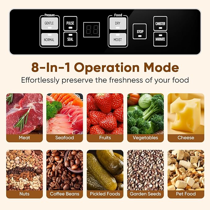 Vacuum Sealer for Food, Electric Food Vacuum Sealer Machine with Digital Display, 8 Preset Modes, Built-in Cutter, Includes 3 Food Storage Containers & Full Starter Kit