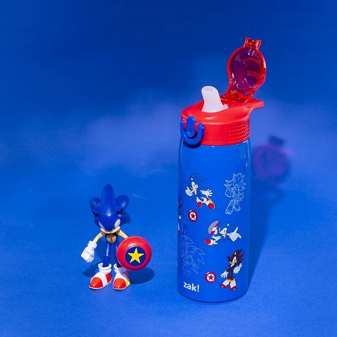 Zak Designs Sonic the Hedgehog Sage Kids Water Bottle For School or Travel, 19oz Stainless Steel Water Bottle With Straw, Handle, and Leak-Proof, Pop-Up Spout Cover (Sonic & Shadow)