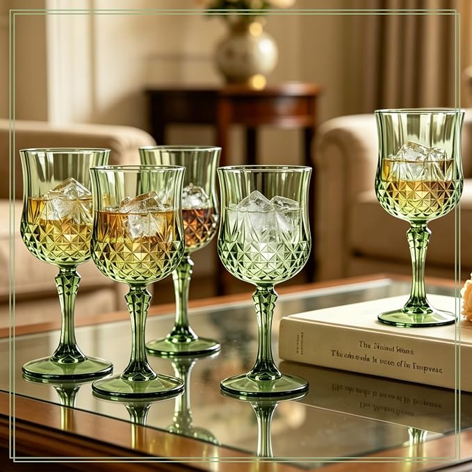 16 Pack Plastic Wine Glasses,10oz Unbreakable Vintage Style Goblets,Reusable Crystal Like Drinking Glass for Wedding Reception, Party Supplies (Sage Green)