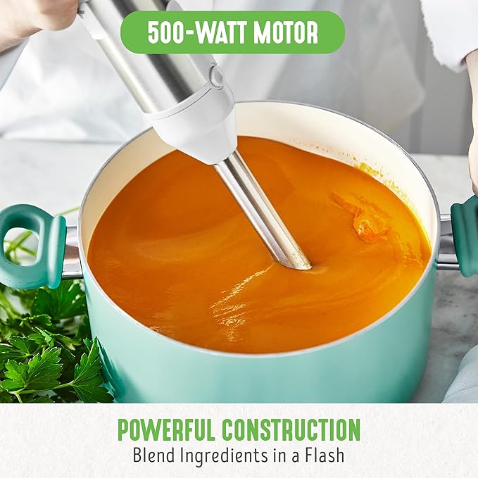 GreenLife 500-Watt Immersion Electric Handheld Stick Blender with Stainless Steel Blades, Whisk, Frother, Measuring Cup and Lid, Soups, Puree, Cake, Multi-Speed Control, Portable, White