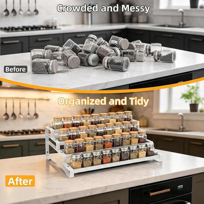 4-Tier Spice Rack Organizer, 13"-21.5" Expandable Spice Organization Shelf, Metal Seasoning Organizer for Kitchen Countertop or Pantry, Slip-Resistant Design for Jars and Bottles, White