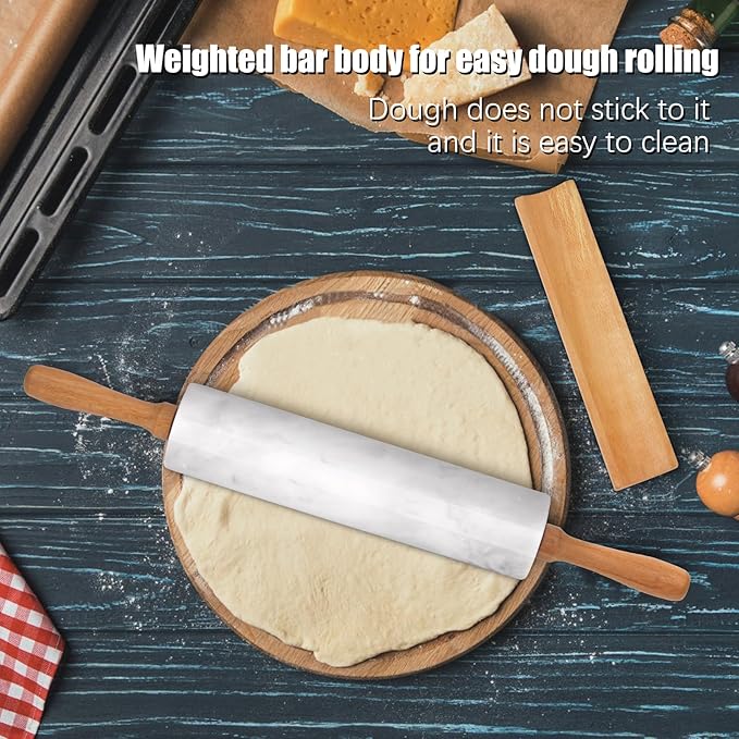 Marble Rolling Pin With Stand, 18.1-Inch Polished Non-Stick Stone Dough Roller With Wooden Handles for Baking Pasta, Pizza, Cookies, Pie Crust, Kitchen Pastry Tools (1, Light Grey, 18.1)