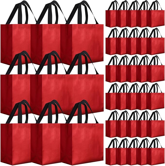 Eccliy Reusable Gift Bags Set Glossy Grocery Gift Tote Bag with Handle for Wedding, Bridal Shower, 4th of July, Summer Event(12 x 11 x 4.7 I Inch,Red,80 Pcs)