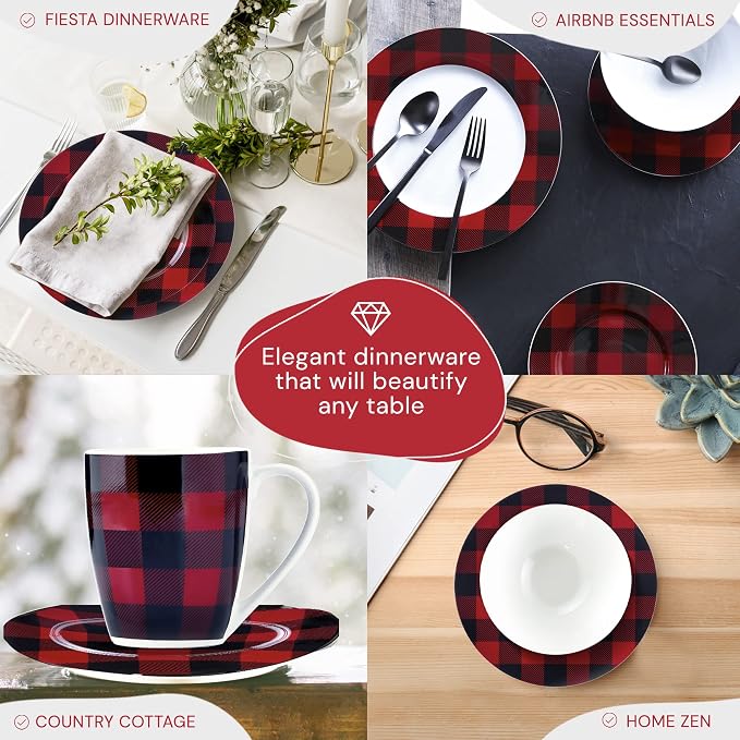 Safdie & Co. 16-Piece Red, Black Plaid Dinnerware Set, Porcelain, Includes Bowls, Plates, and Mugs, Dishwasher Safe