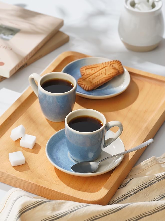 famiware Glacier Espresso Cups with Saucers Set of 4, 3oz Espresso Cup Set, Coffee Mug Set for Latte, Macchiato, Stoneware Demitasse Cups Set for Cafe, Microwave&Dishwasher Safe, Azure Blue