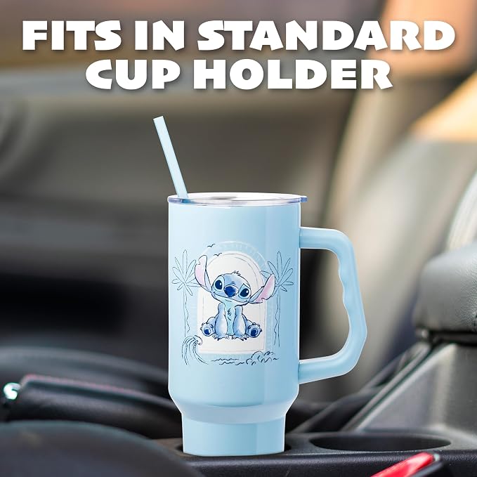 Silver Buffalo Disney Lilo and Stitch Minimalistic Design Ocean and Tropical Double Walled Stainless Steel Tumbler with Handle and Straw, Fits in Standard Cup Holder, 40 Ounces