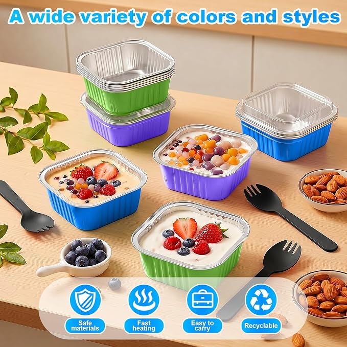 LemonRoad 240 Sets Mini Loaf Pan with Lids and Spoons 6.8oz Rectangular Aluminum Foil Bread Pan 5oz Square Cake Cup with Decal Disposable Baking Supply for Graduate Wedding Birthday (Candy Colors)