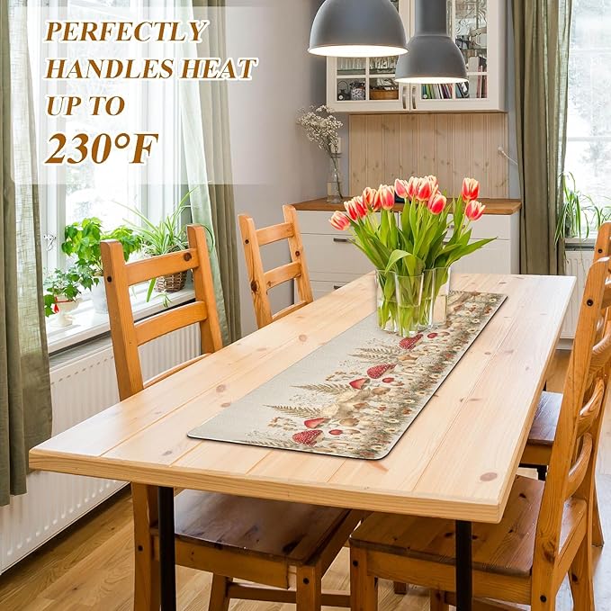 2 in 1 Table Runner Trivet for Hot Pots and Pans Heat Resistant Non Slip Waterproof 39 x 12 Inch Decorative Table Protector for Kitchen Countertop Watercolor Forestm Mushroom Beige