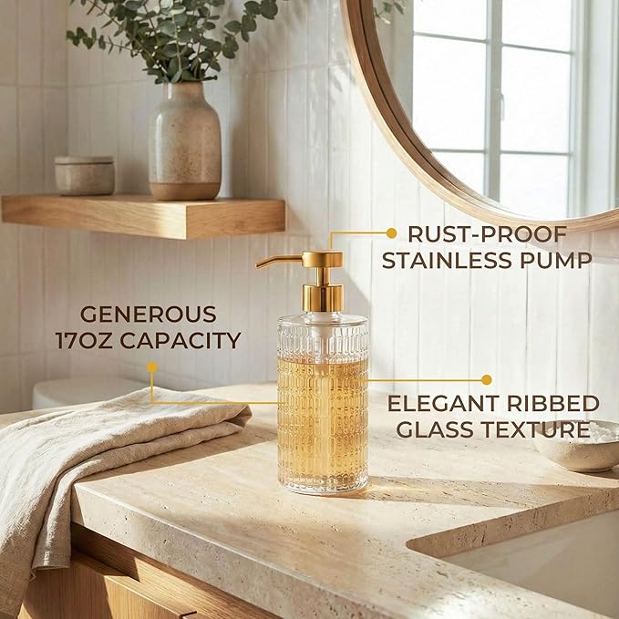Elegant Fluted Glass Soap Dispenser with Stainless Steel Pump, 17oz Vintage Art Deco Style Clear Ribbed Glass Bottle for Bathroom, Dish Soap Dispenser for Kitchen (Gold Pump)