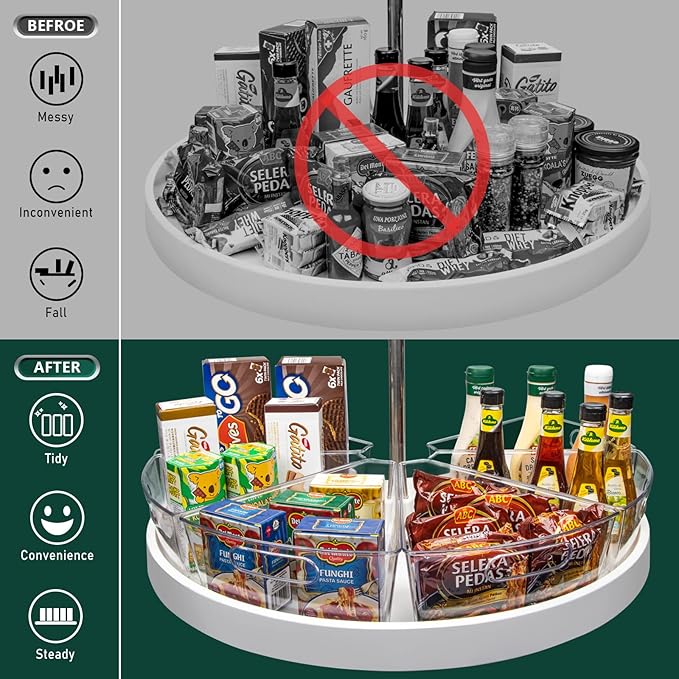 JEISSLIA Lazy Susan Cabinet Organizer Bins for 26"/ 28"/ 32" Diameter Corner Organizer, Plastic Cabinet Storage Bin, 1/8 Wedge - Food Safe, BPA Free, with Non-Slip Pads (for 28" Diameter, 6 Pack)