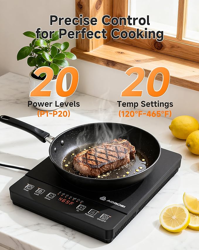Portable Induction Cooktop 20 Temperature & Power Levels,1800W Single Burner Electric Cooktop with 6.8 inch Heating Coil, Hot Plate with Timer