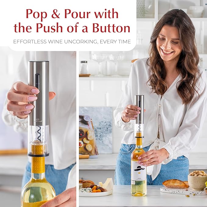 Rechargeable Electric Wine Opener Set with Aerator, Foil Cutter & Vacuum Stoppers – Automatic Wine Bottle Opener Kit with Portable Case – 7 Piece Wine Gift Set (Silver)