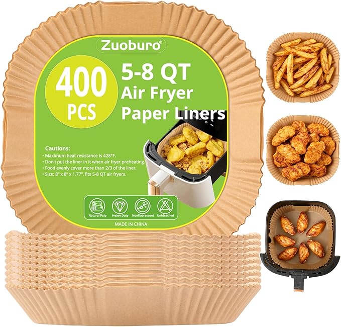 400Pcs Air Fryer Paper Liners, 5-8 QT Air Fryer Disposable Unbleached Non-Stick Parchment Paper Liner, Square 8 inch Baking Liner