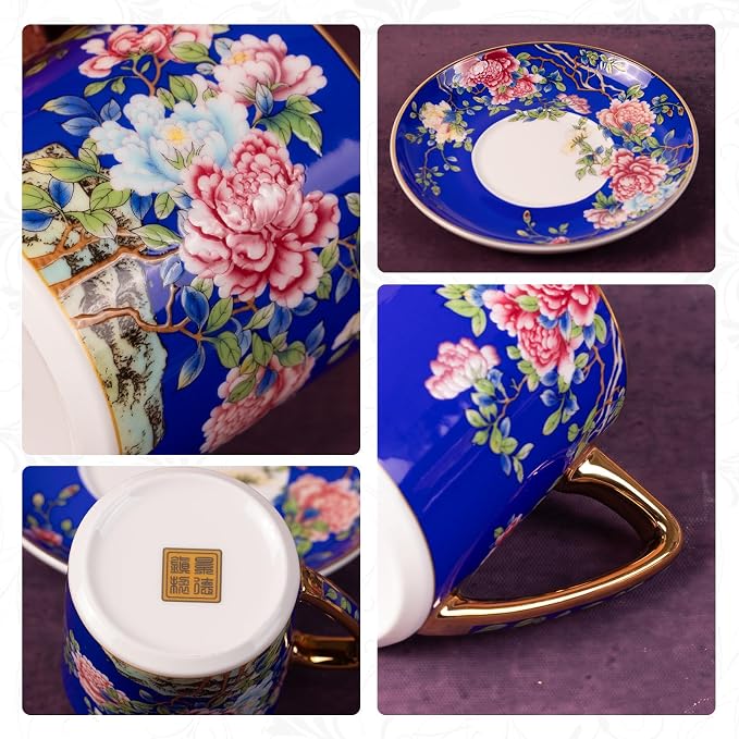 KAMMAK Tea Cups and Saucers Set of 2, Porcelain Coffee Cups with Saucer for Espresso, Cappuccino, 7.4oz Vintage Red and Blue Ceramic Novelty Mug for Home, Tea Party, Office, 631+632N