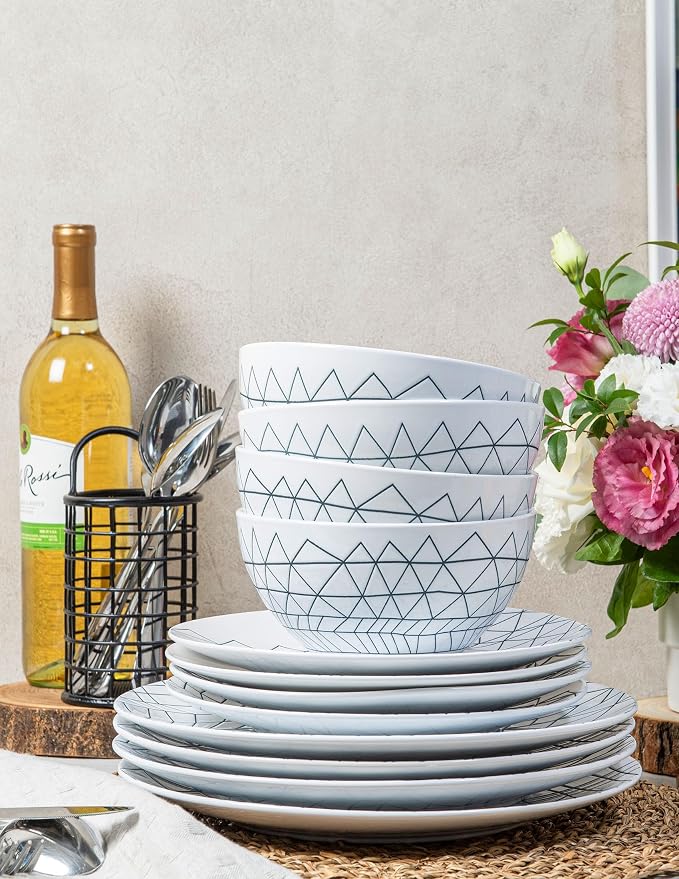 BZYOO 12 Piece Ceramic Dinnerware Set Modern Contemporary Design Plates and Bowls for Dining Glossy White Stoneware Dishes Set Microwave And Dishwasher Safe (Spidy Collection)